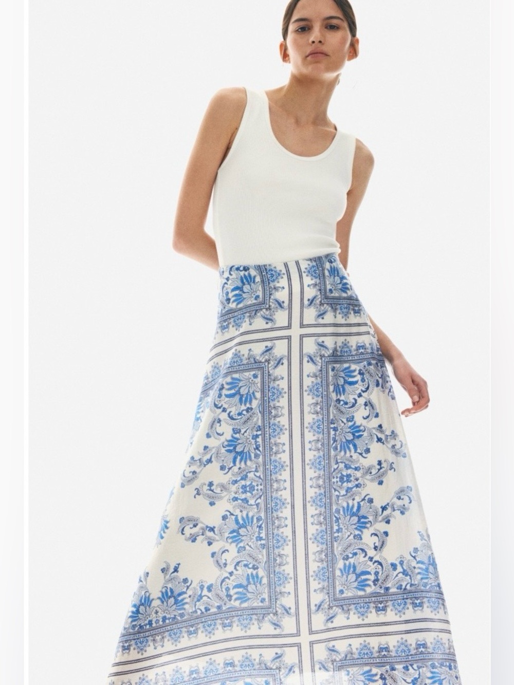 H&M Linen Blend Blue & White Floral Paisley Panel Maxi Skirt 8